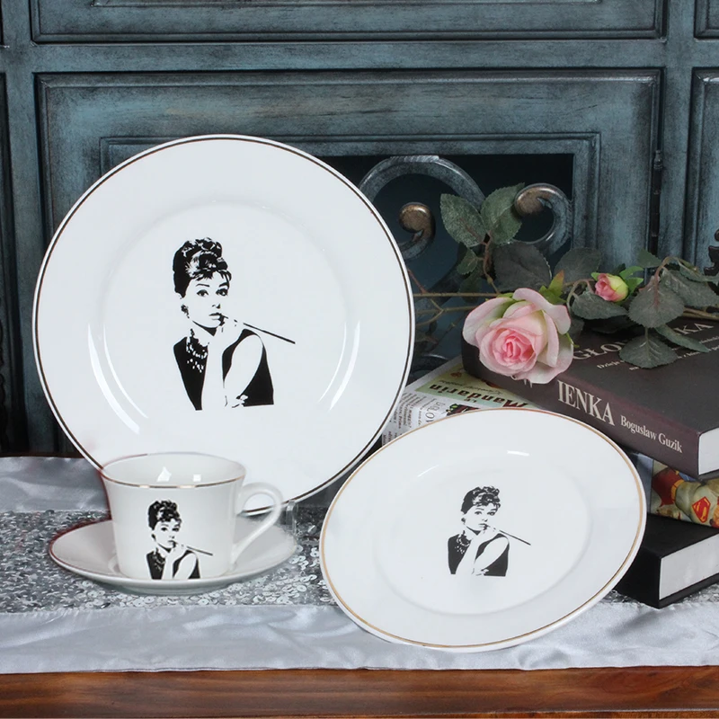 

Audrey Hepburn Printing Cups Saucers British Classical Dish Ceramics Cup Phnom Penh Free Combination Saucer Cutlery Free Ship