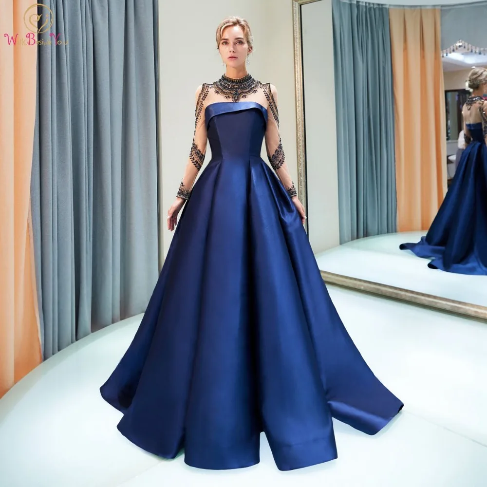 

Walk Beside You Navy Blue Evening Dresses vestido longo festa Long Sleeves High Neck Crystal Illusion Neck Satin Prom Gown 2020