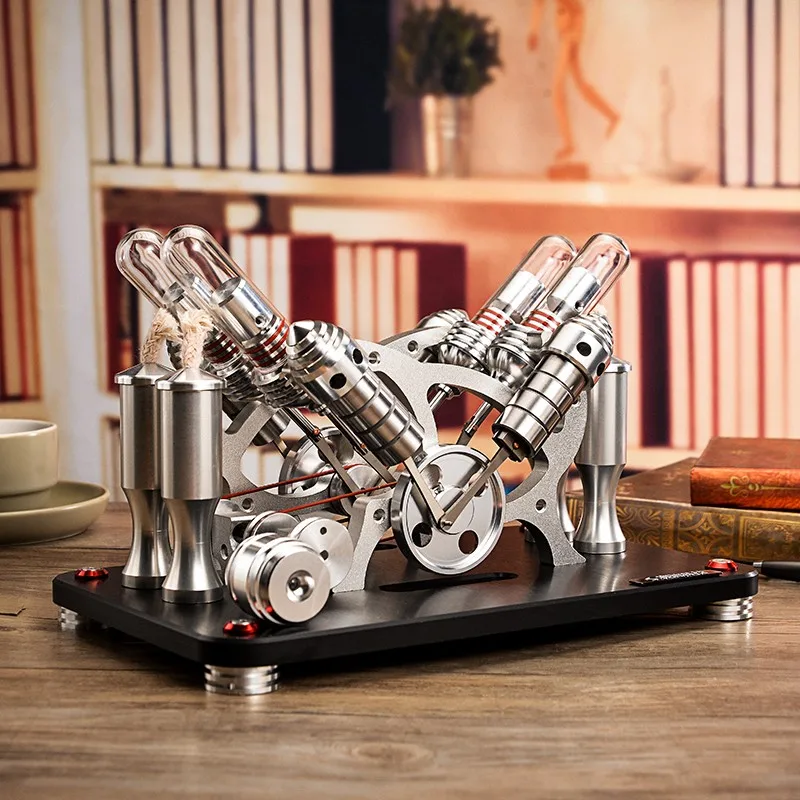 

All-metal engine, V4 twin-cylinder four-cylinder Stirling engine model, generator set, micro engine