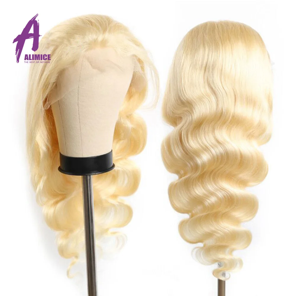 Alimice Long 130% Density Remy Malaysian Body Wave Lace Front Wig #613 Blonde Colored Preplucked Lace Wig Human Hair 8-30inch (6)
