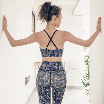 

ESHINES 2019 fashion sports suit female yoga wear 2 sets of seamless yoga pants female cross beauty back sports bra