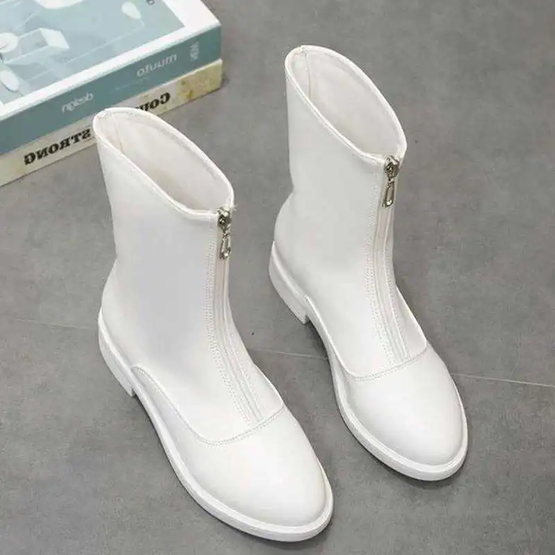 LZJ/модные ботинки на молнии женские зимние ботинки высокие сапоги на толстом высоком каблуке Демисезонная обувь без застежки с круглым носком Женская обувь черного и белого цвета