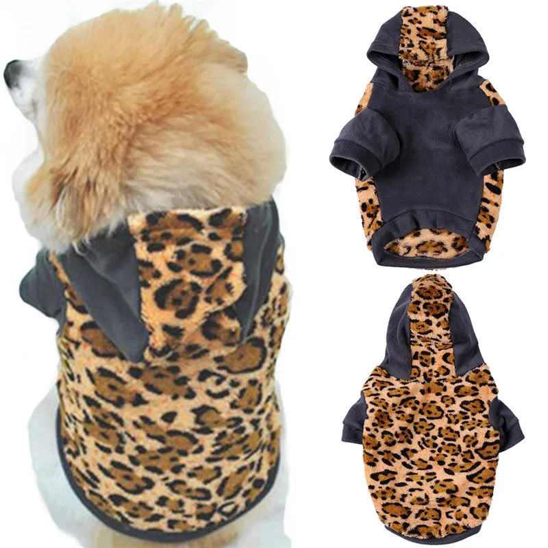 Dogs Warm Hooded Sweatshirt Leopard Print Pets Puppy Thermal Coat for