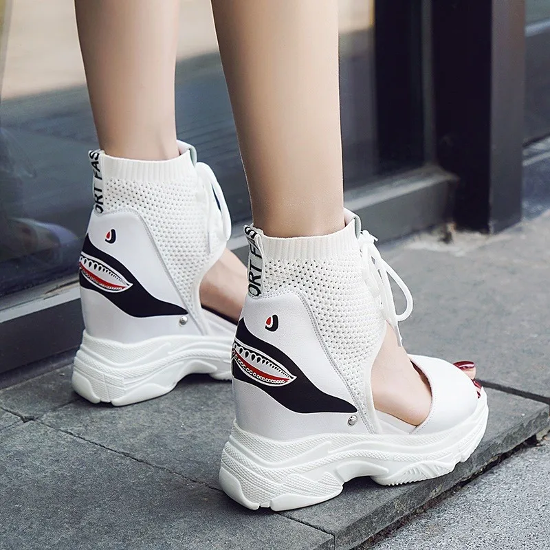 

8cm Shoes Women Sandals Boot Platform 2019 Female Dad Shoes Casual Summer Sandals Wedge Chunky High Heel Sandal Rome Ankle Lace