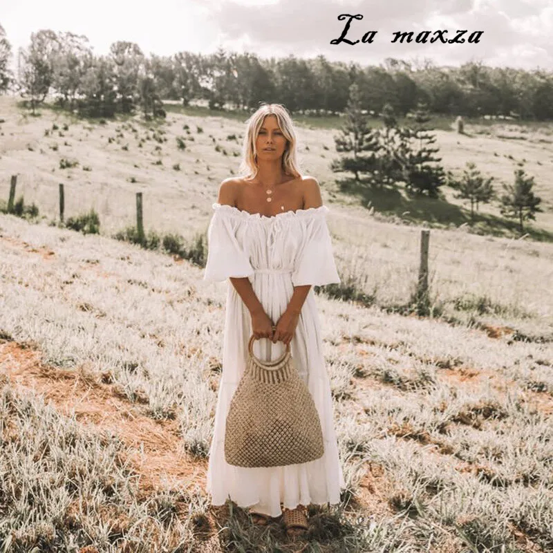 

2019 Women Summer Bohemian Beach Long Dresses Casual Sexy Fashion Plus Size White Dress