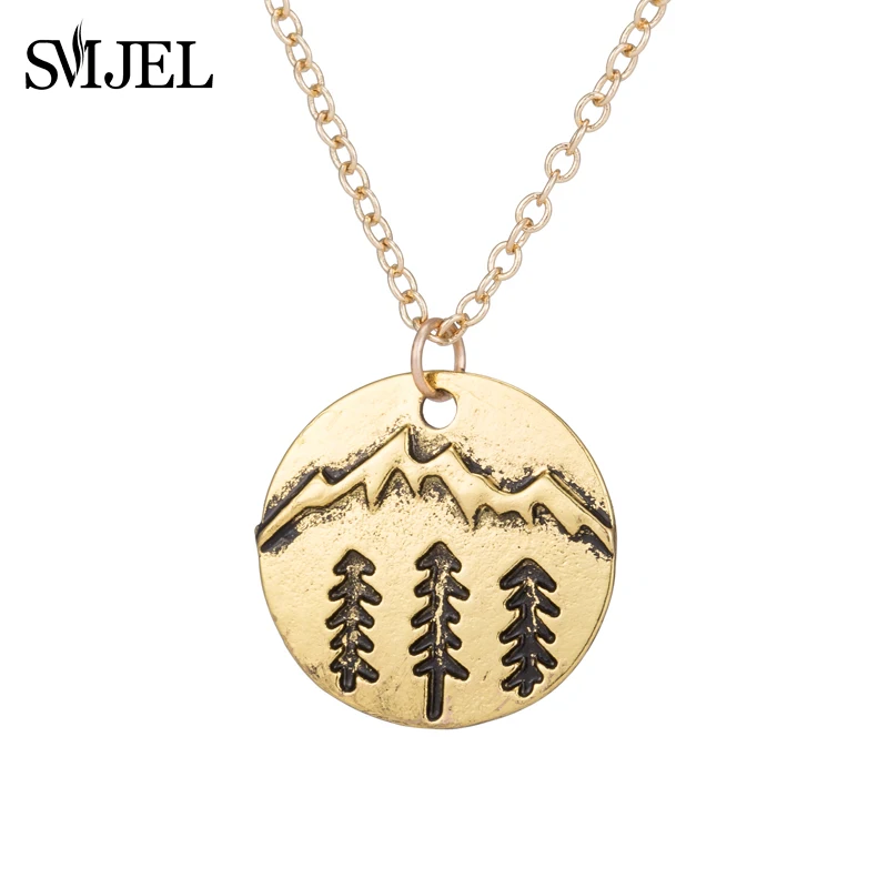 

SMJEL Gold Nature Tree and Mountain Charm Necklace Men Circle Outdoor Courage Necklaces Jewelry Gifts Collares