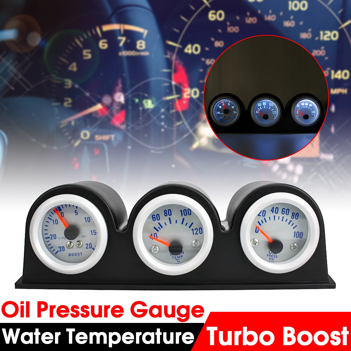 3in1 Car Led Triple Gauges Turbo Boost+Water Temperature+Oil Pressure Gauge 2