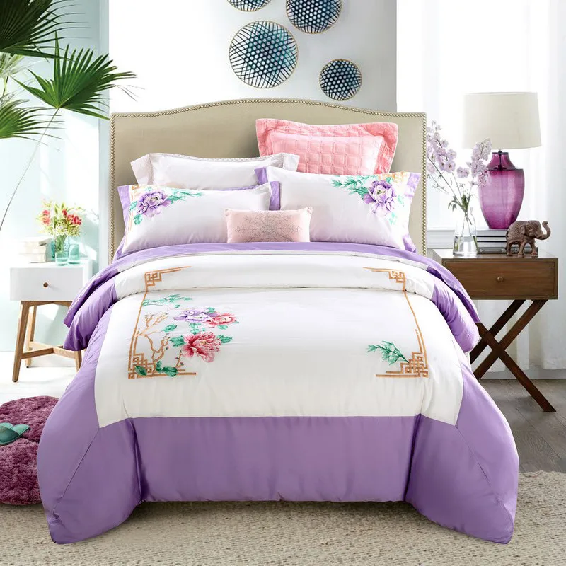 

2017 100% Egyptian cotton bedding set queen King size for adults embroidery flower duvet cover set bed sheet set