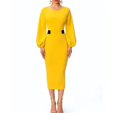 2019 Summer Women O Neck Long Sleeve Bodycon Dress Formal Office Elegant Yellow Long Sleeve Party Dress Slim Midi Dress 2019 Summer Women O Neck Long Sleeve Bodycon Dress Formal Office Elegant Yellow Long Sleeve Party Dress Slim Midi Dress