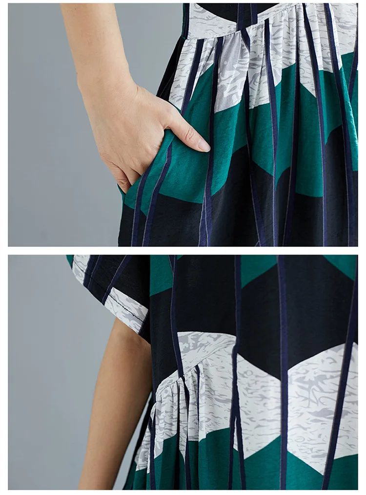 Geometry Irregular Print Cotton Linen Casual Summer Dress 2019 O-neck Short Sleeve Women Midi Dress Vestidos (7)