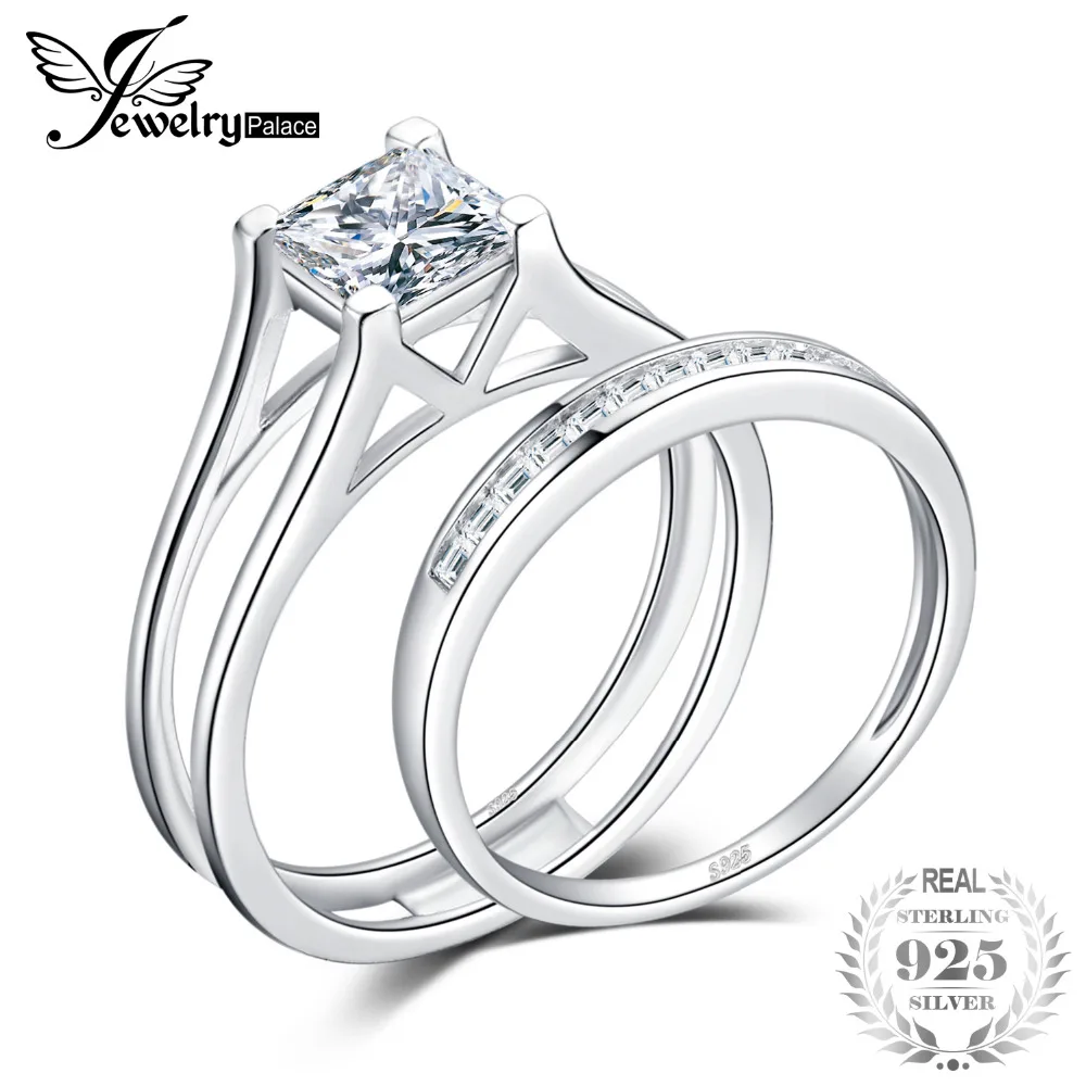 JewelryPalace Hot 2ct Princess Cut Solitaire Ring Engagement Wedding Band Rings Bridal Channel Sets 925 Sterling Silver Jewelry
