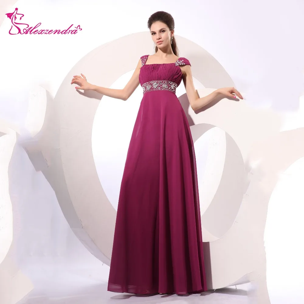 Alexzendra Purple Long Chiffon Evening Dress with Straps Beaded Belt