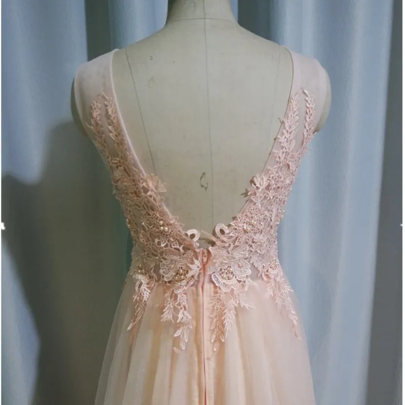 Robe bal de promo Sheer Cap mangas encaje Appliques tulle backless largo prom vestidos en stock barato de Soiree 2018 nouveaute