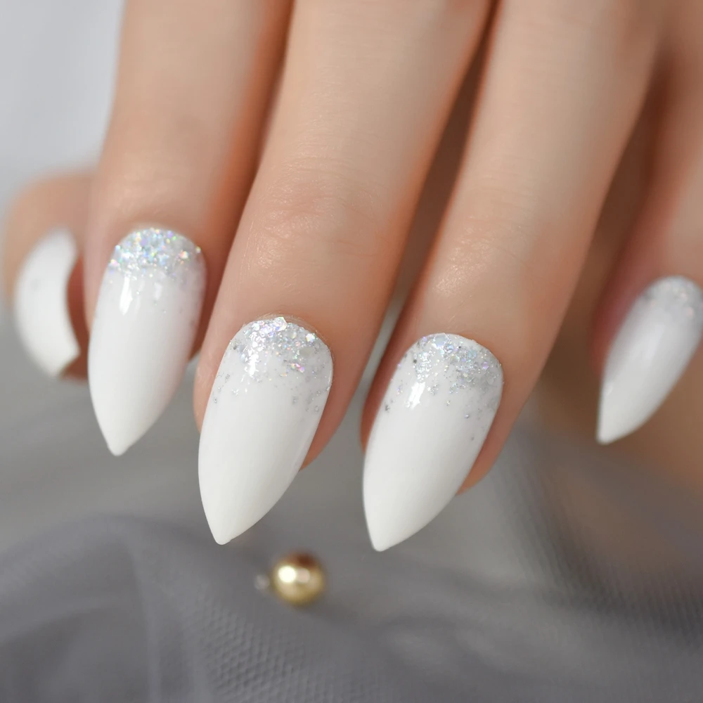 Ombre Glitter Fake Nails Stiletto Nail Sharper White Nails Cool Handmade .....