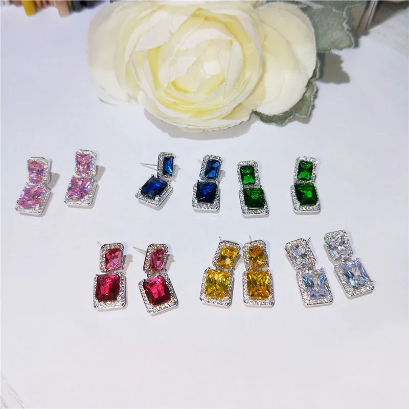

High Quality Fashion Design AAA+ CZ Sparkling Square Drop Cubic Zirconia Female Earrings Best Gift For Friends Wedding Cute