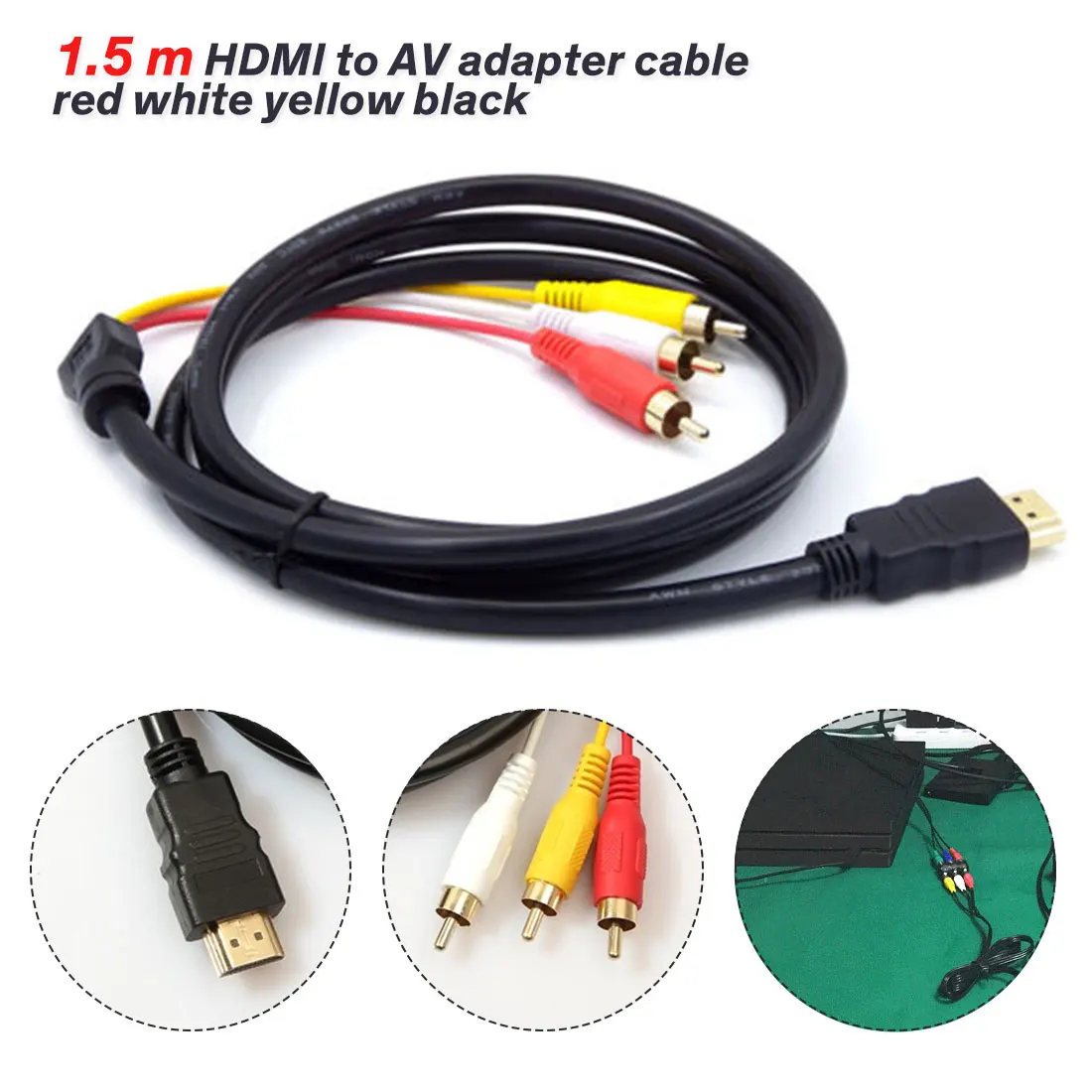 

1.5m 5 Feet 1080P HDTV HDMI Male to 3 RCA Audio Video AV Cable Cord Adapter Converter Connector Component Cable Lead For HDTV