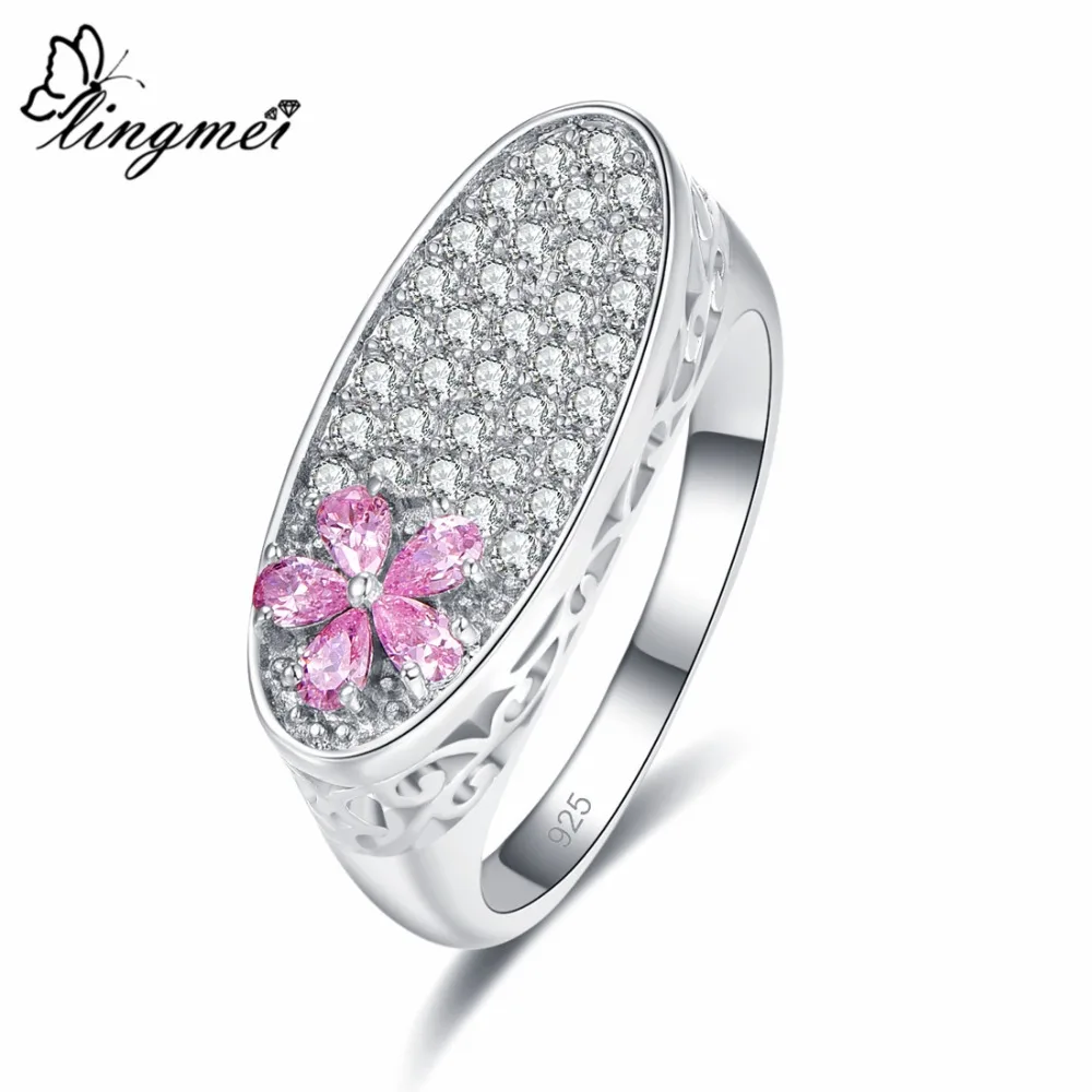 

lingmei Wedding Band Flower Exquisite Ring Round Cut Pink & Red & White Zircon Silver Jewelry For Women Size 6 7 8 9 New Comes