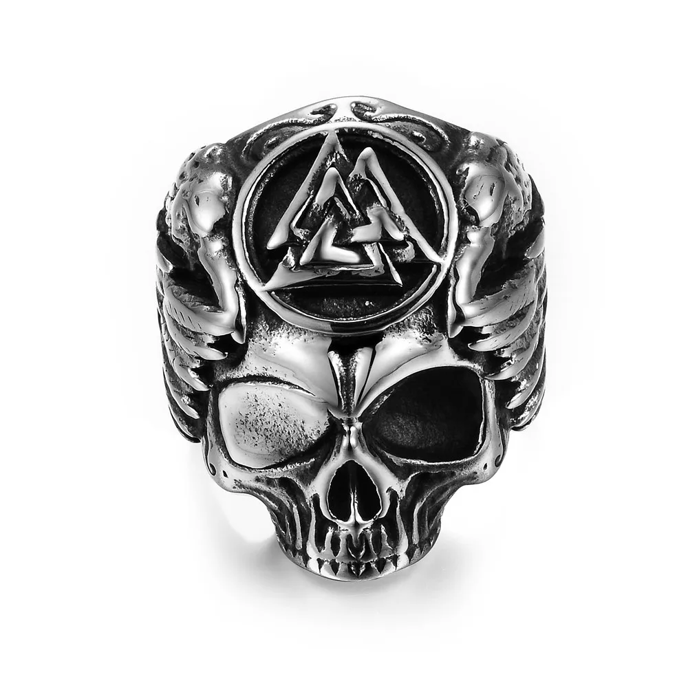 Viking Odin Raven Skull Ring Punk Stainless Steel Men's Wings Ring