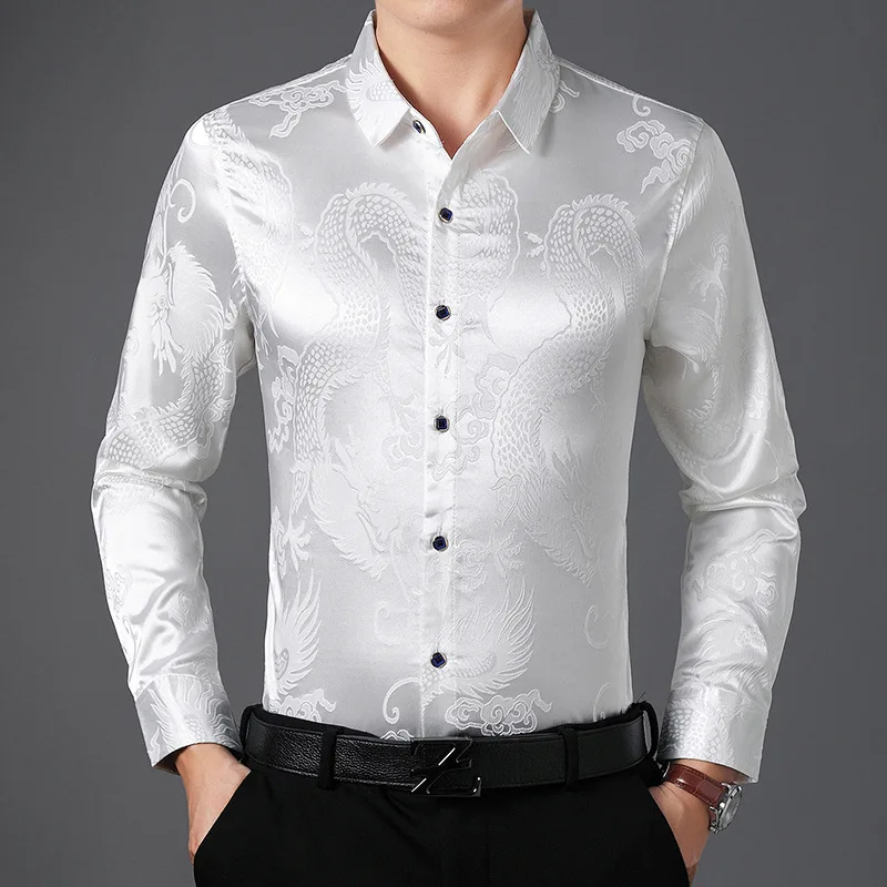 Темно-синяя гладкая шелковая атласная рубашка для мужчин китайский дракон жаккард для мужчин s приталенная рубашка с длинным рукавом на пуговицах Рубашка 4XL - Цвет: white