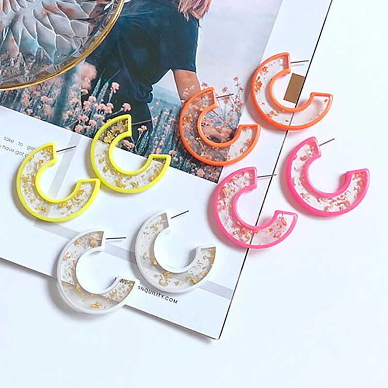 

UJBOX 2019 Multicolor Glitter Earrings Female Geometry Semi-circular Resin Gold Foil Earrings Exaggerated Large Hoop Earrings