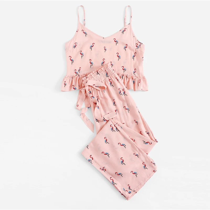 Dotfashion розовый Фламинго печати рюшами Cami и Drawstring Брюки PJ набор повседневные пижамы для женщин летние без рукавов ночное белье