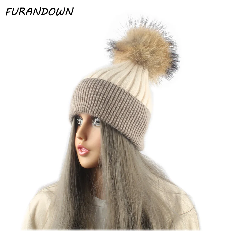

New Fashion Women Casual Pompom Beanie Hats Ladies Real Fur Caps Patchwork Knitted Wool Skullies & Beanies girls Gorros
