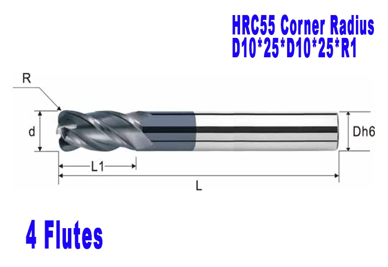 

10mm 4 Flutes corner Radius End mill hrc55 with coating Spiral Bit Milling Carbide CNC Router bits D10*25*D10*75*R1