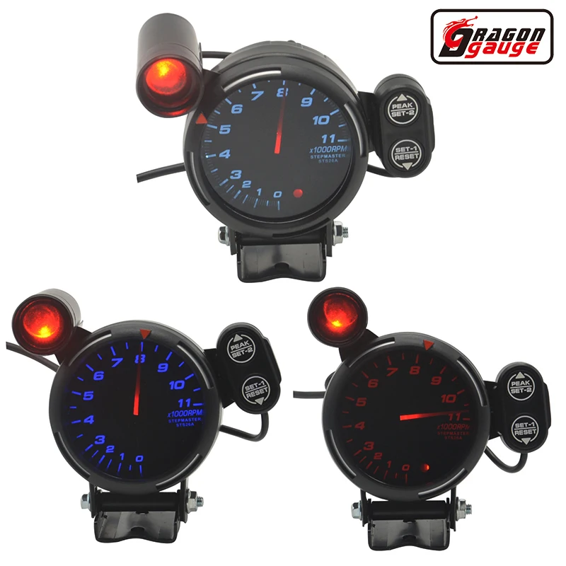 

Dragon gauge Universal 80mm Speed Tachometer Gauge Blue White Red LED 11000 RPM with Adjustable Shift Light+Stepping Motor Black