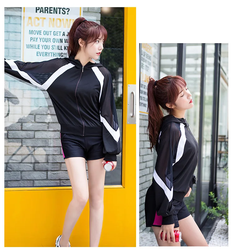 Autumn Outdoor Workout Gym Fitness Sportswear Striped Long Sleeve Hooded Women Zipper Yoga Coat Sports Hoodies Hiking Jacket 3