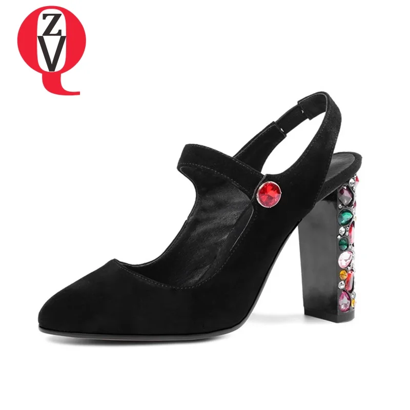 

ZVQ women shoes new kid suede super high square heel round toe elastic band crystal shallow black and pink sexy lady pumps