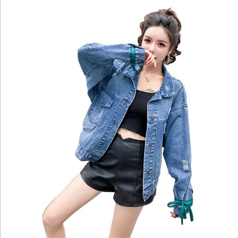 Модные Демисезонный Для женщин с цветочной вышивкой джинсовые JacketsLadies с длинными рукавами джинсы хараюку Feminina Короткое пальто C085
