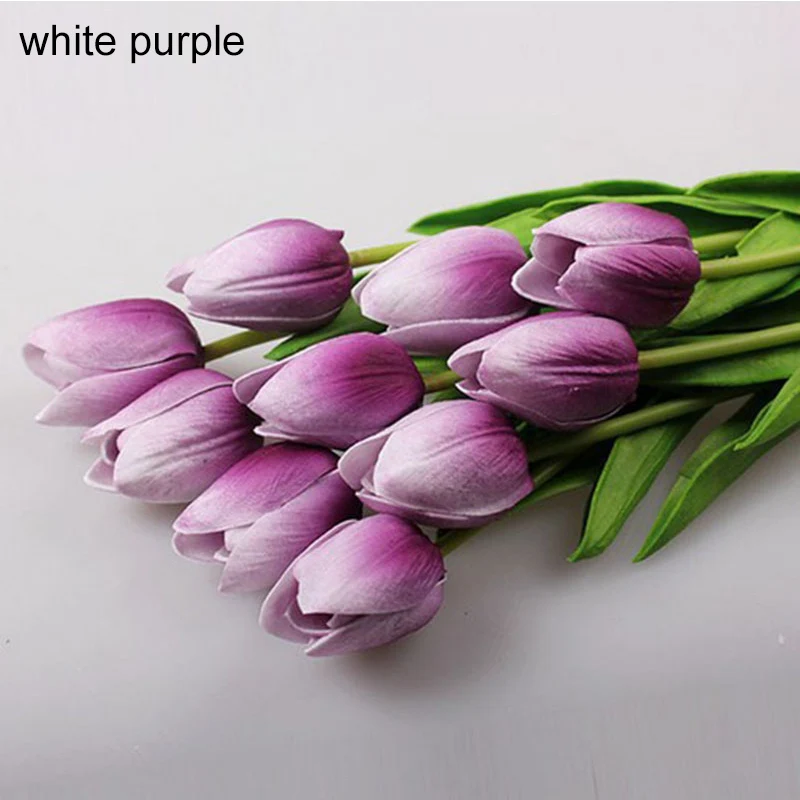 10 шт. тюльпаны Искусственные цветы Настоящее прикосновение PU искусственное украшение букет Тюльпан для дома свадебное украшение цветок - Цвет: white purple