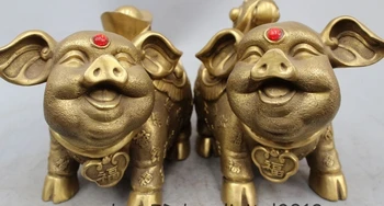 

7" Chinese Brass FengShui Animal YuanBao RuYi Coin Happy Fu Pig Statue Pair