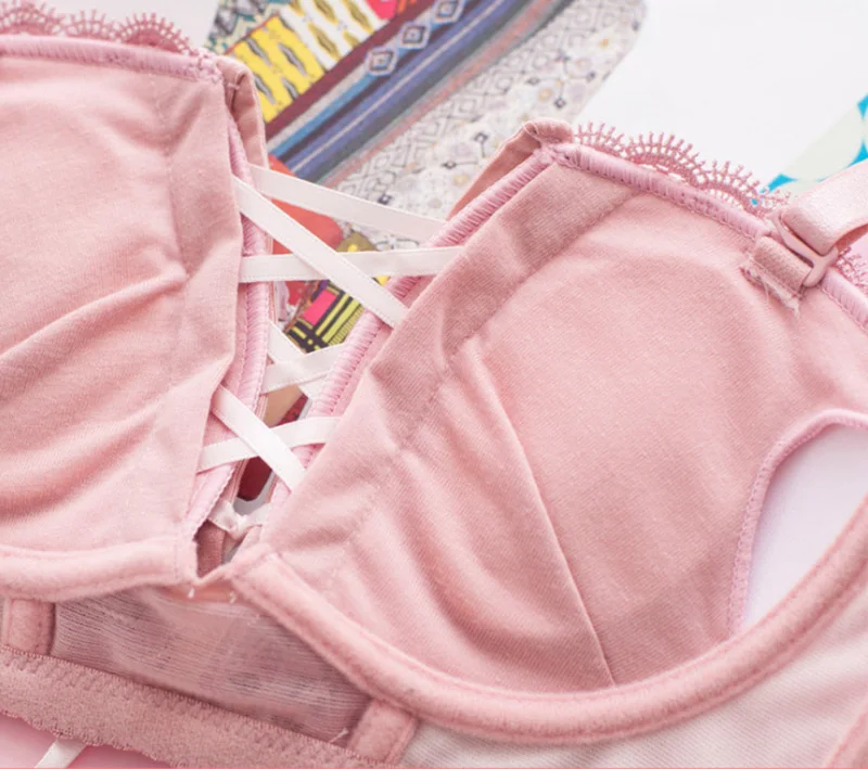 Japanese Thin Lolita Lace Sexy Bandage Push Up Bra Set Japanese Lace-up Pink Bra & Brief Sets Girls Women Underwear Lingerie Set