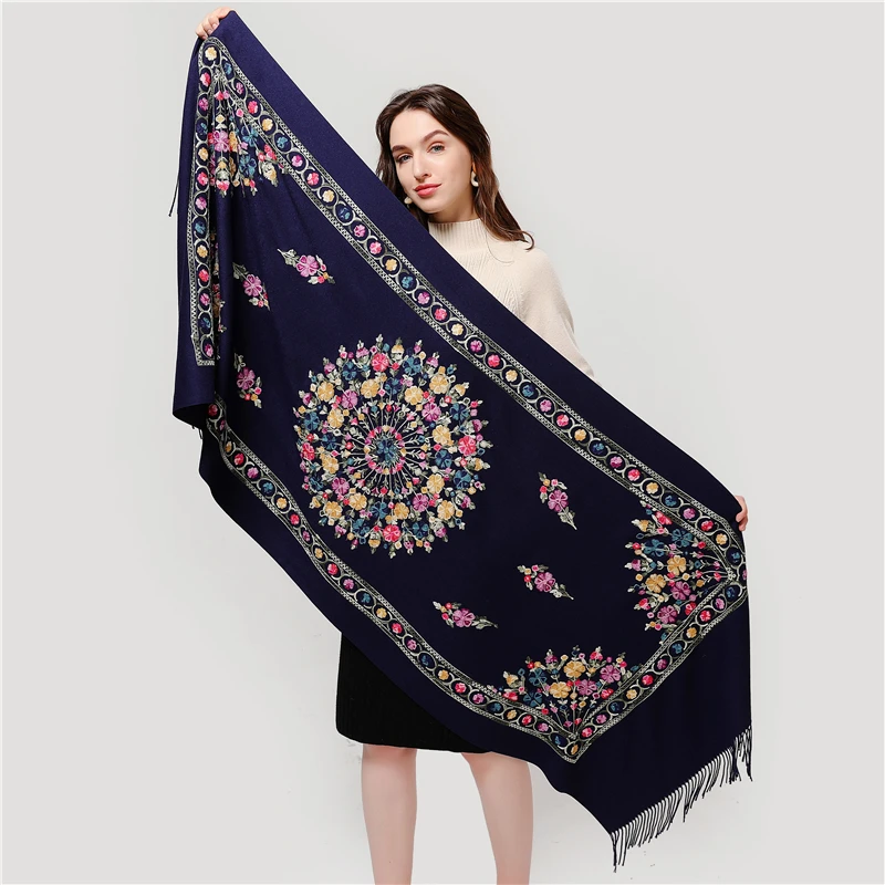 Зимний шарф для женщин толстые теплые кашемировые шарфы одеяло хиджабы вышивка платок женский Пашмина бандана