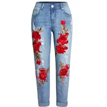 Размера плюс 26-31! новые эластичные рваные джинсы с потертостями 3D вышивка цветы женские свободные джинсы