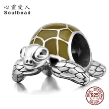Soulbead, 925 пробы, серебряная эмалированная подвеска в виде морской черепахи с зелеными эмалированными бусинами, подходит для браслета Pandora, подарок на день рождения CWS0145