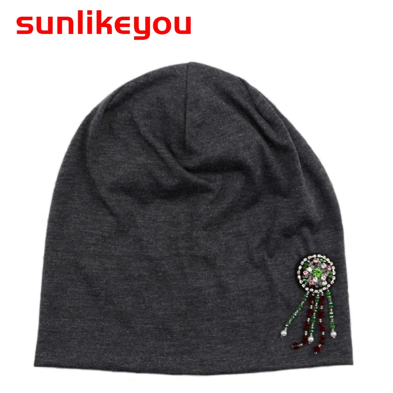 

Sunlikeyou Spring Fashion Hat Rhinestone Women Beanies Summer Caps Soft Cotton Elastic Girls Hats Ladies Bonnet