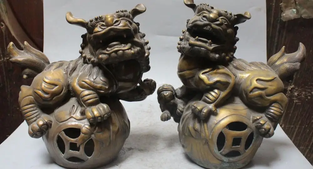 

13" Chinese Bronze Guardian Foo Fu Dog Door Lion Ball Kylin Bixie Pair Statue