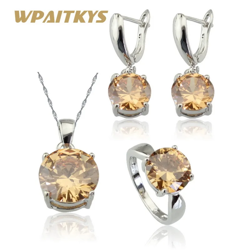 

WPAITKYS Silver Color Bridal Jewelry Sets Women Champagne Orange Cubic Zirconia Necklace Pendant Earrings Rings Free Gift Box