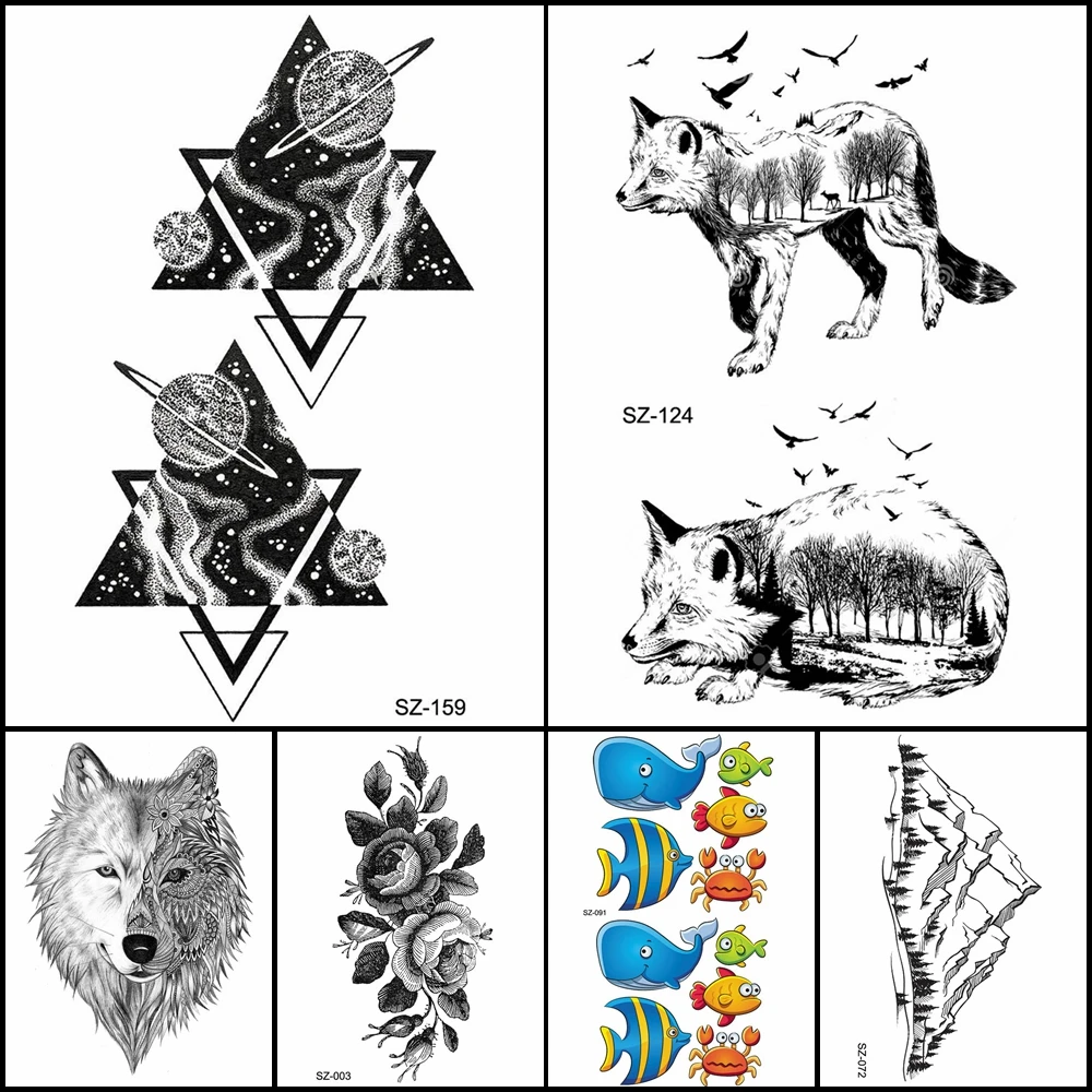 

Black Triangle Galaxy Planet Tattoo Stickers Women Body Art Temporary Tattoo Men Fashion Waterproof Tatoos Forest Animals Makeup
