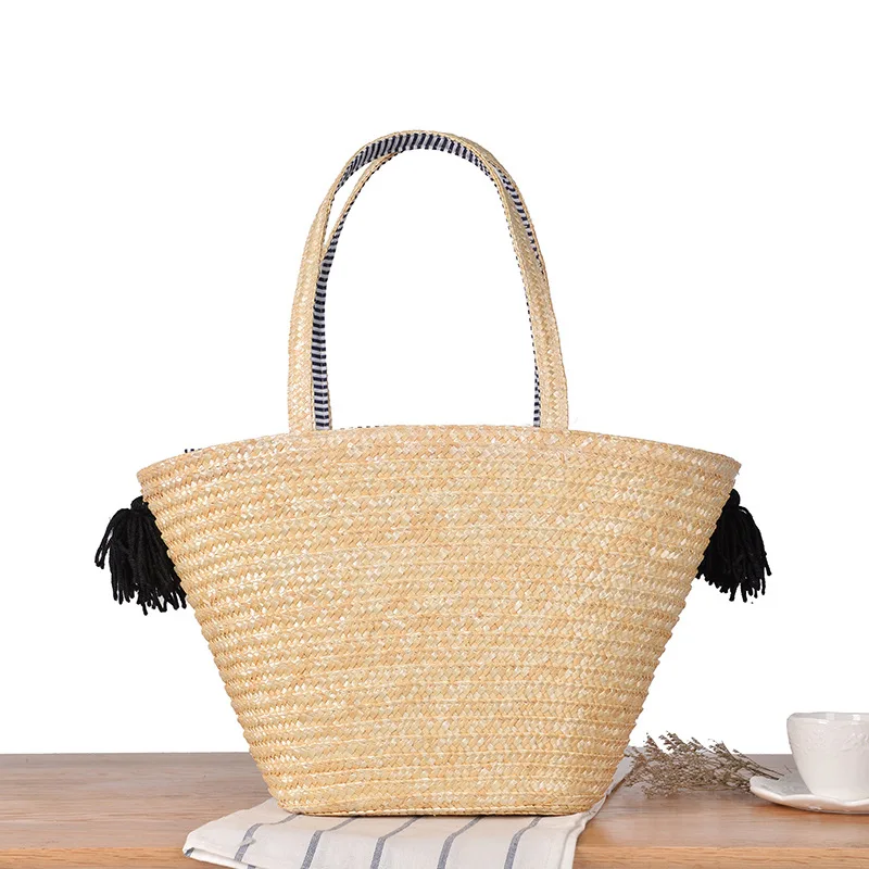 النساء حقائب قش مزدوجة الأشرطة نسج الشرابة حقيبة كتف 2018 العلامة التجارية الأعلى حقائب بيد ابتسامة الوجه نمط أكياس Bolsas الأنثوية