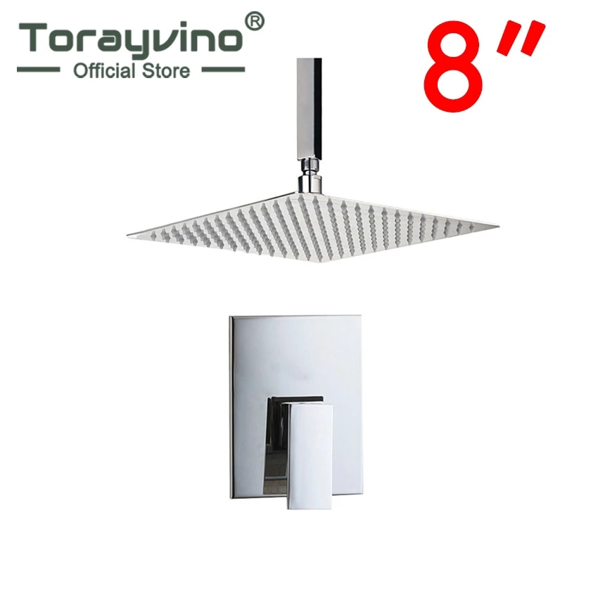 

Torayvino Bath Top Ceiling Mount 8" Ultra-thin Rainfall Shower Head&Control Valve Wall Mounted Hot&Cold Water Mixer Shower Set