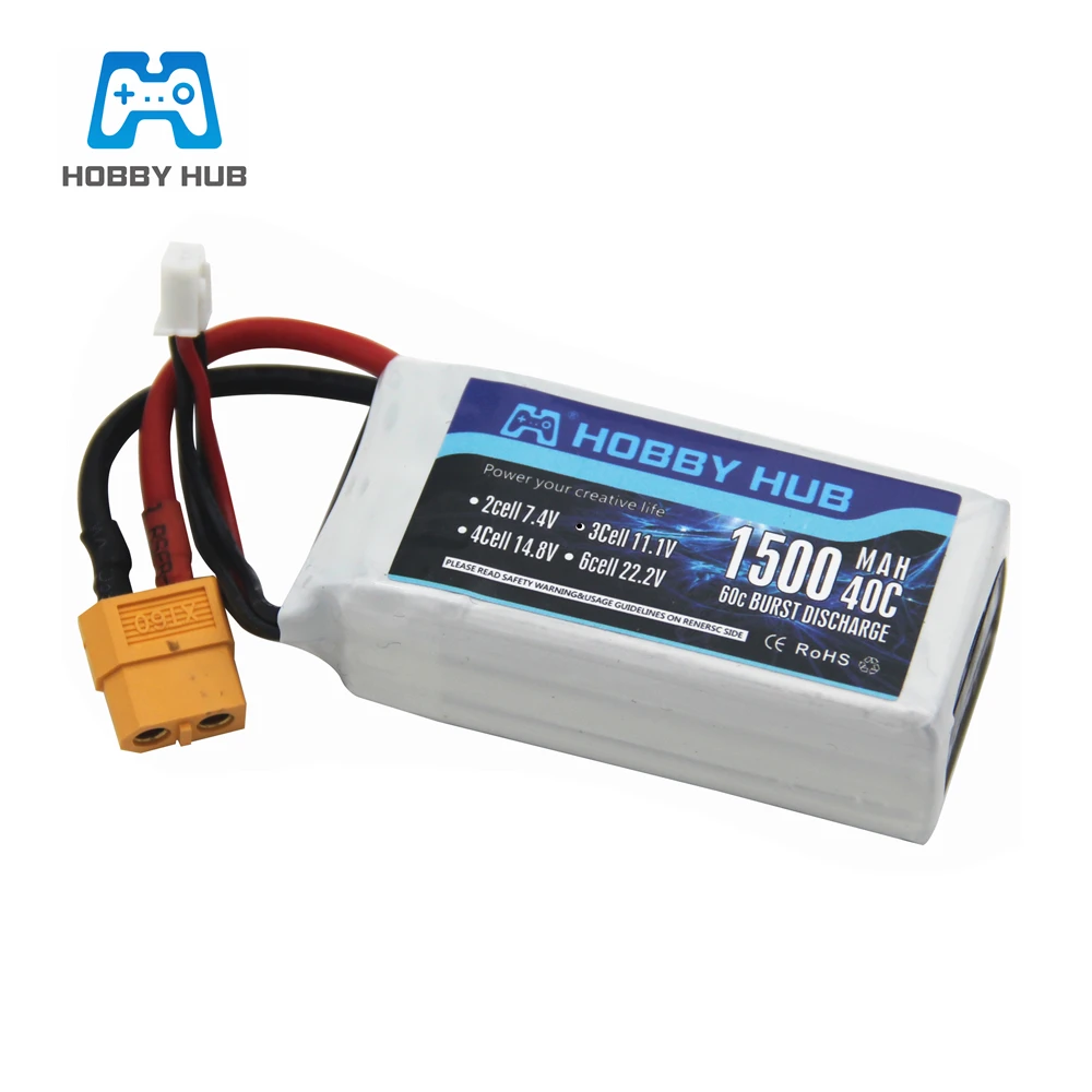 

Hobby Hub LiPo Battery 11.1V 1500Mah 3S 40C Max 60C XT60 Plug For RC Quadcopter Drone Helicopter Car Airplane Toy Parts