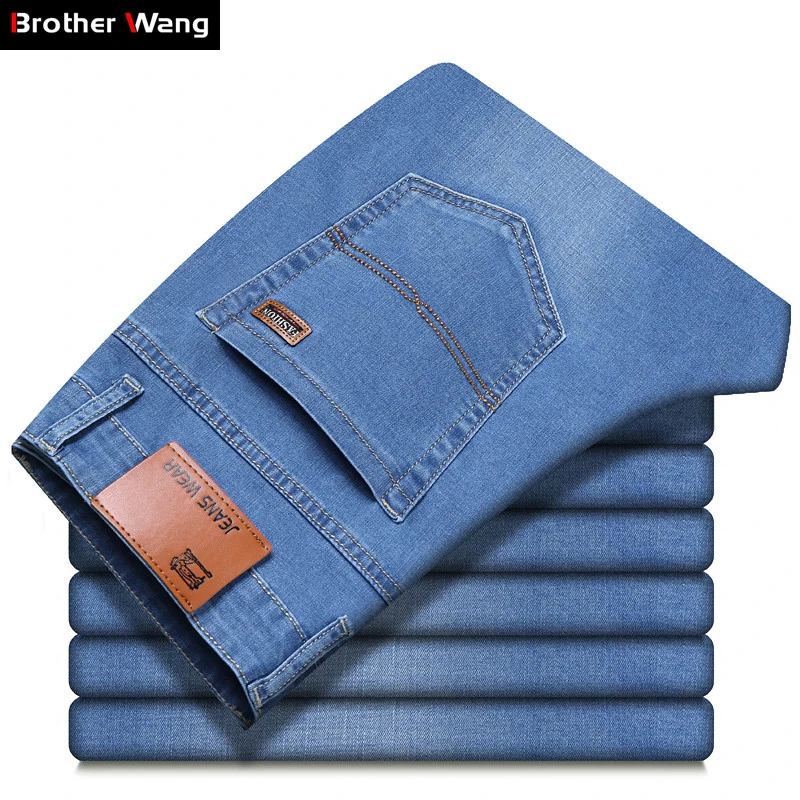 

2019 Summer New Men Thin Jeans Business Casual Light Blue Elastic Force Fashion Denim Jeans Trousers Male Brand Pants