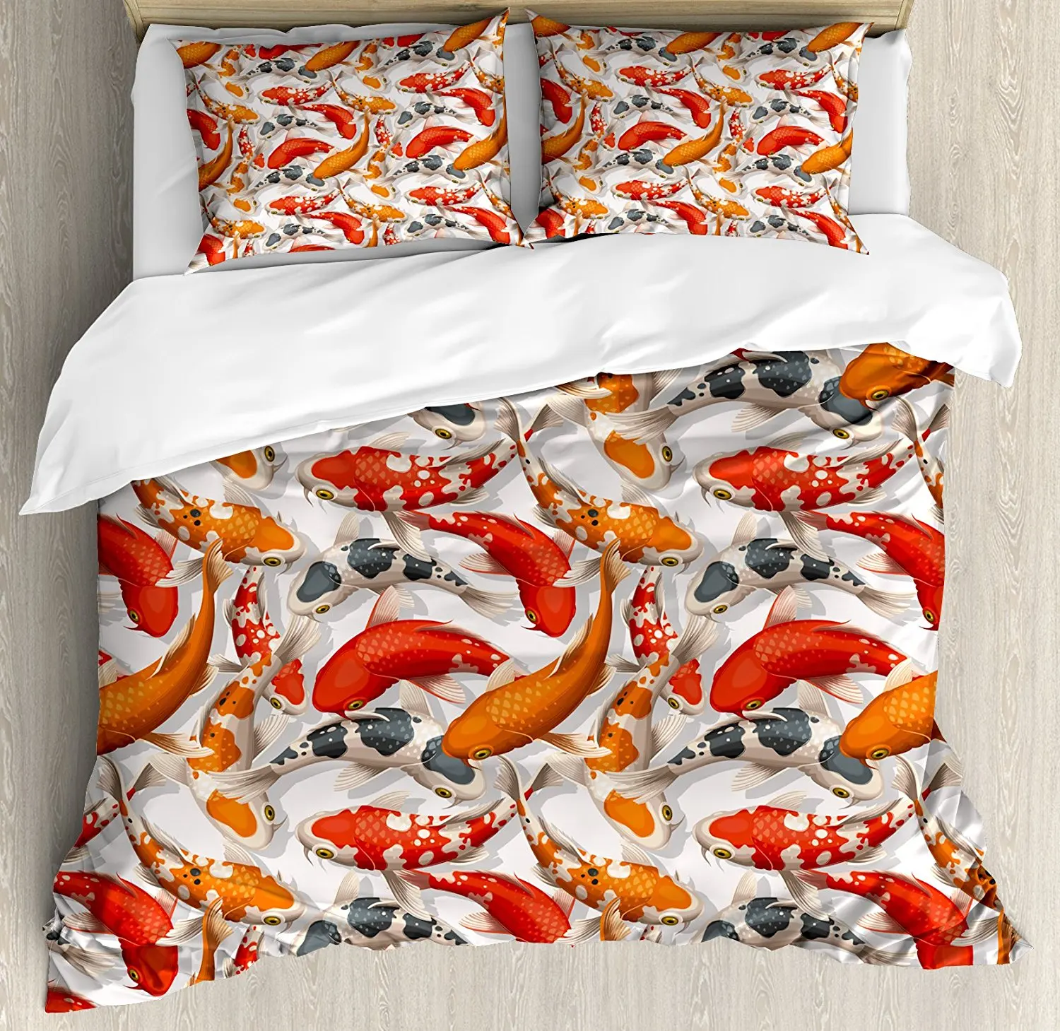 Koi Fish Duvet Cover Set Aqua Life with Various Colors Swimming in the Sea Sacred Symbols of