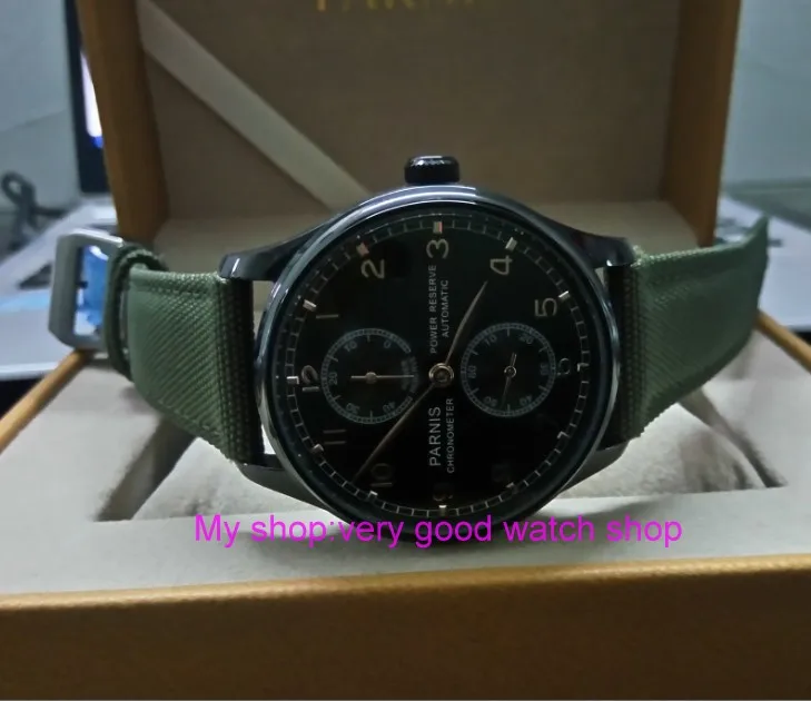

43mm PARNIS pilot power reserve Automatic Self-Wind Mechanical movement men's watch PVD case Nylon green strap zdgd95a