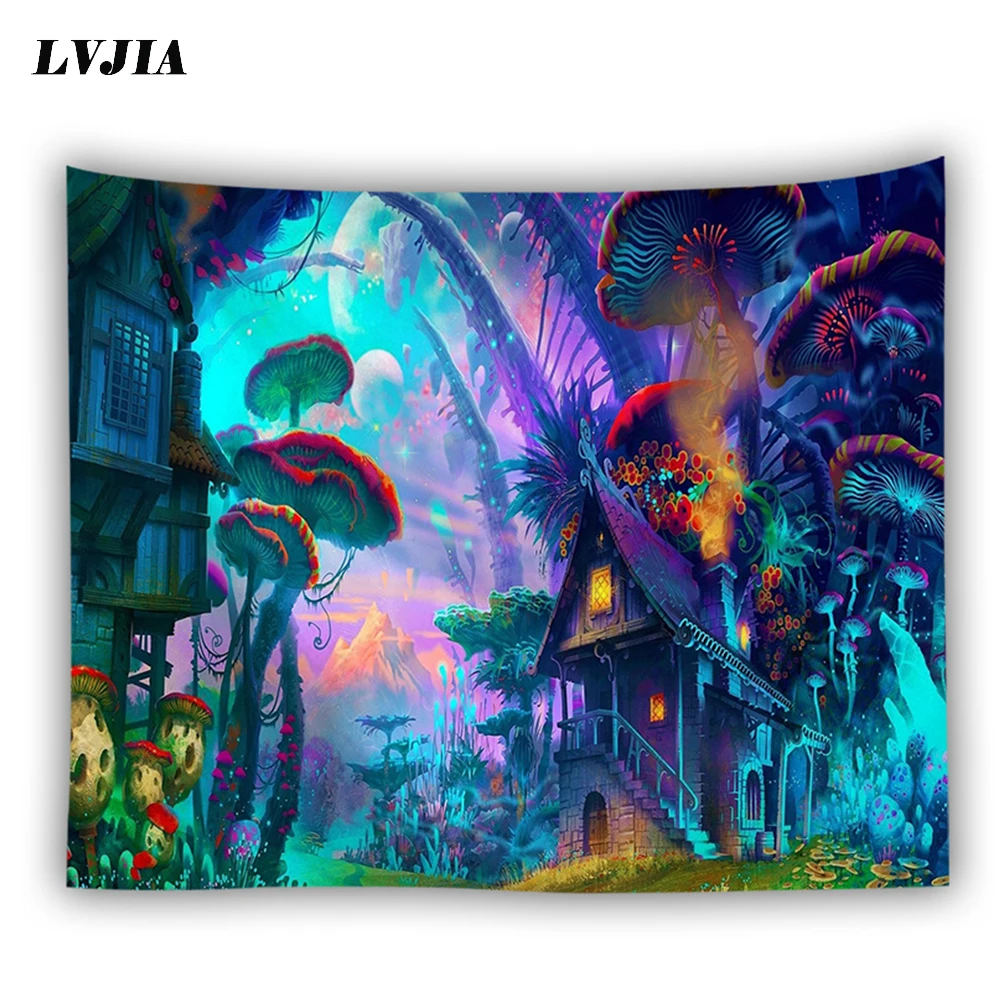 bohemian wall tapestry hanging huge mushroom house fairyland psychedelic tapestriws home decor