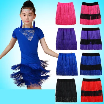 

Children Latin Dance Clothes More Color Tassel Skirt Kids Ballroom Cha Cha Stage Competition Dress Up Dancing Girls Half Skirt
