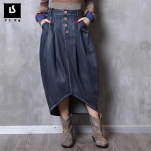 Осень-зима, женские юбки, женские, необычные, дикие, джинсовая юбка на пуговицах, с карманами, Ретро стиль, высокое качество, Джинсовая длинная юбка